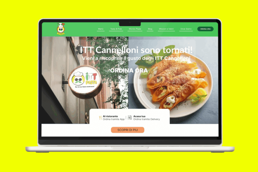 Mockup sito web ITT Pasta su MacBook per ristorante italiano con design moderno e accattivante