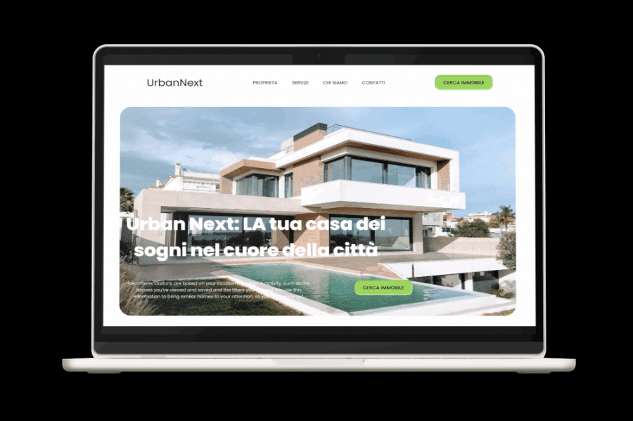 Mockup sito web Urban Next su MacBook per agenzia immobiliare con design moderno e intuitivo